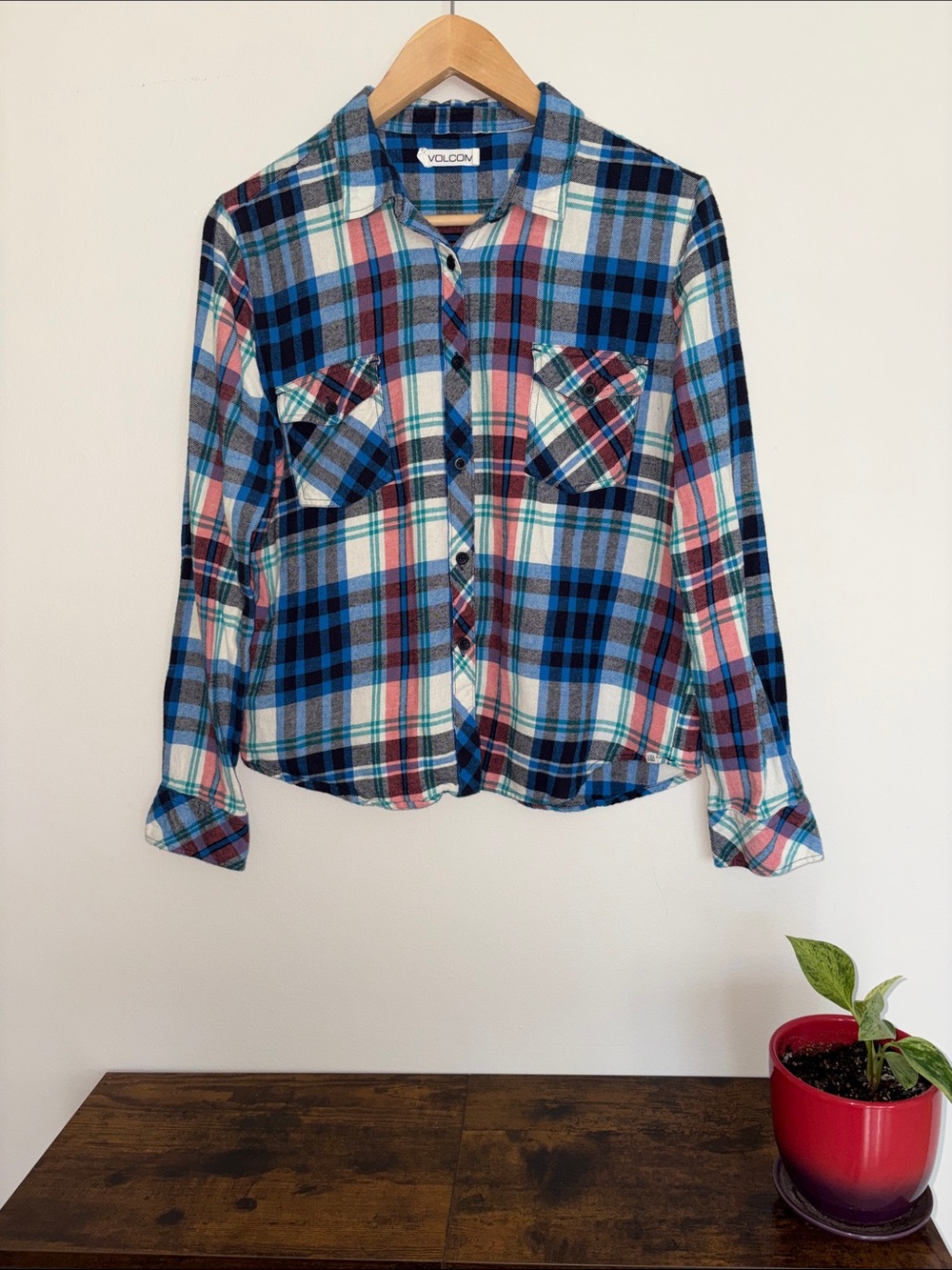 Volcom Blue and Red Plaid Button-Up Shirt